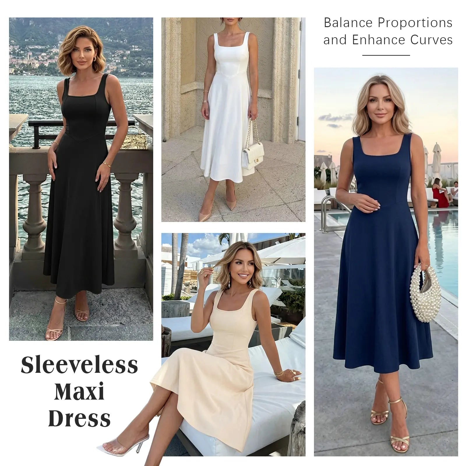 Womens Sleeveless Elegant Dresses Square Neck Aline Swing Maxi Beach Wedding Guest Dress Pockets