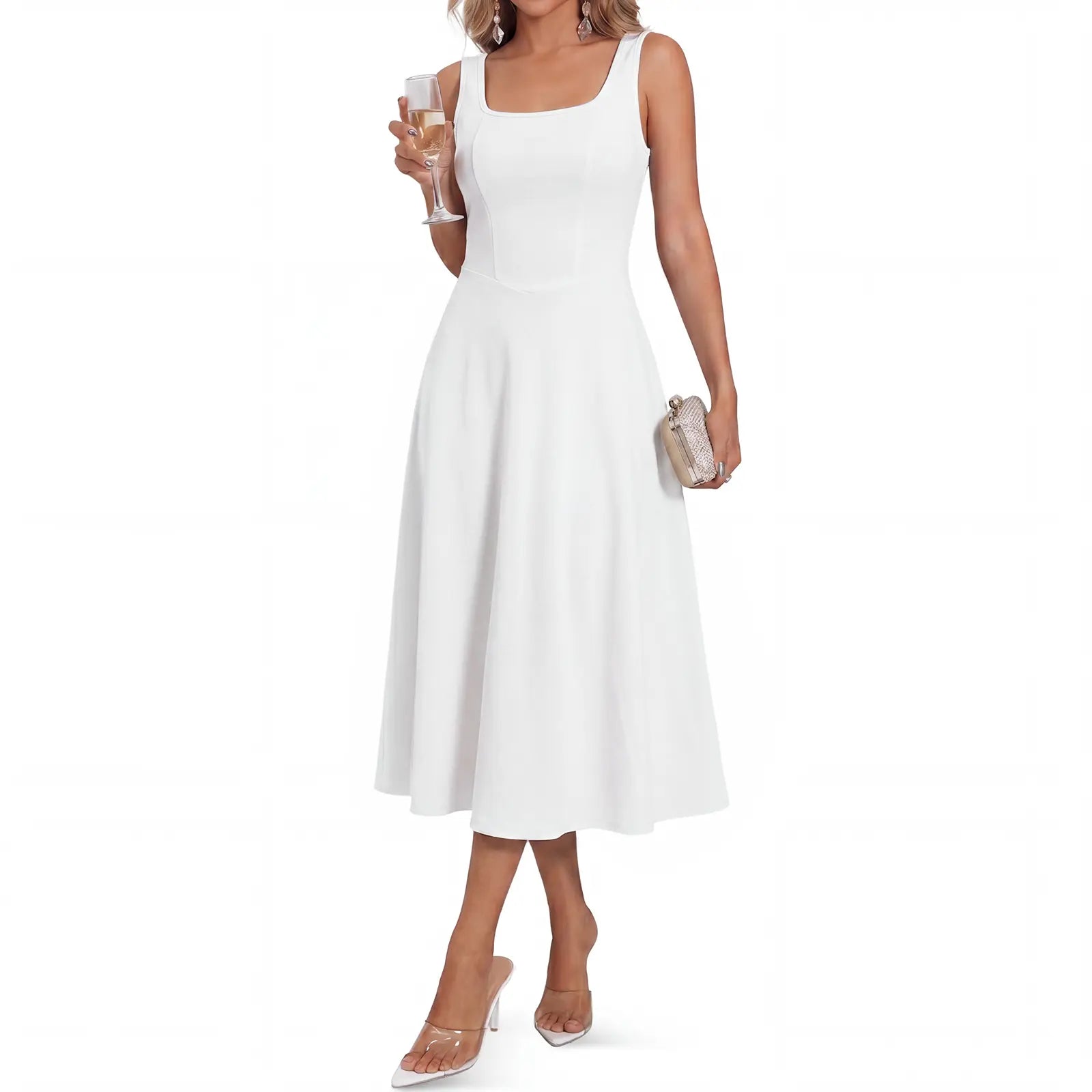 Womens Sleeveless Elegant Dresses Square Neck Aline Swing Maxi Beach Wedding Guest Dress Pockets
