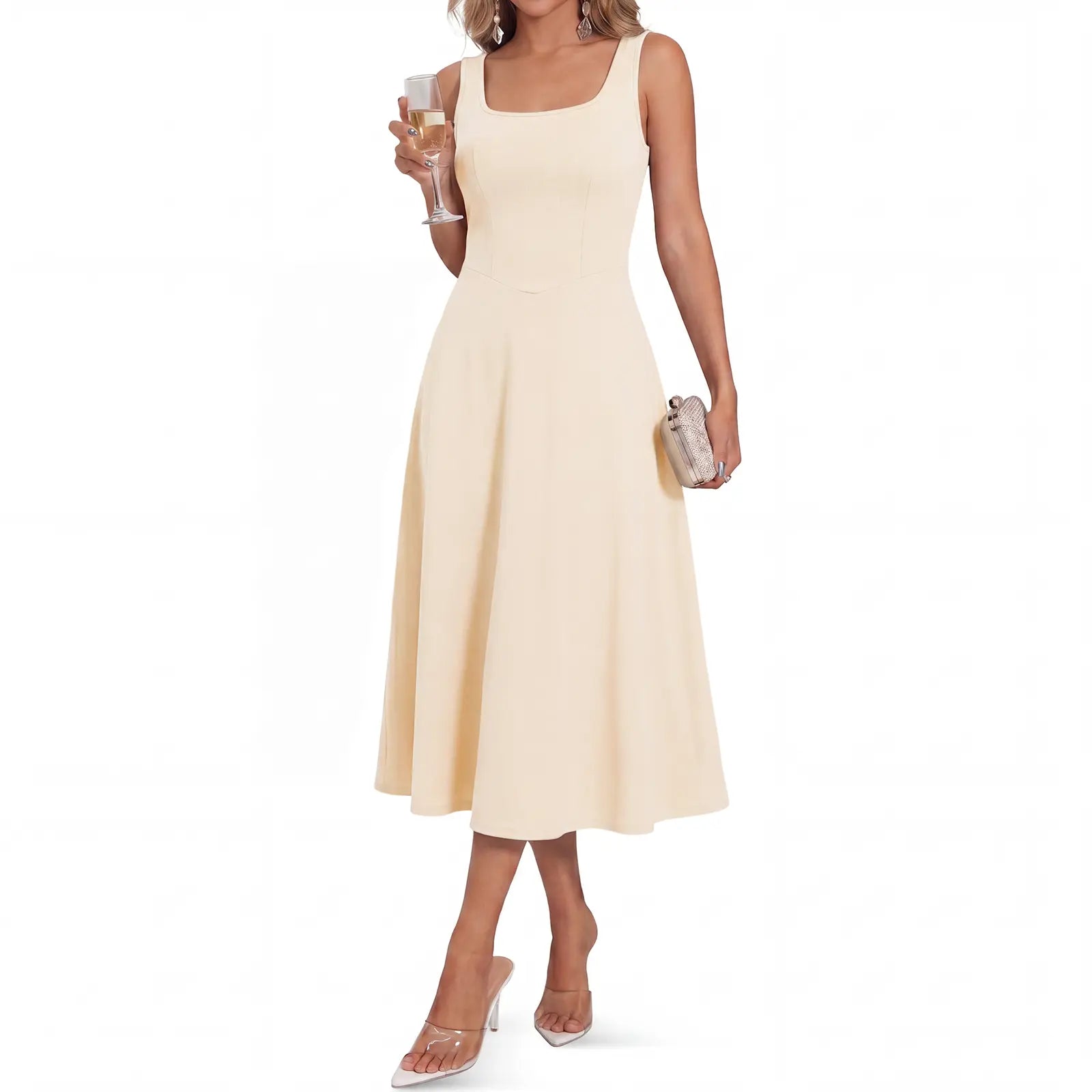 Womens Sleeveless Elegant Dresses Square Neck Aline Swing Maxi Beach Wedding Guest Dress Pockets
