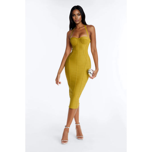 Elevate Your Style with the Anastasia Halter Bandage Midi Dress in Vibrant Chartreuse