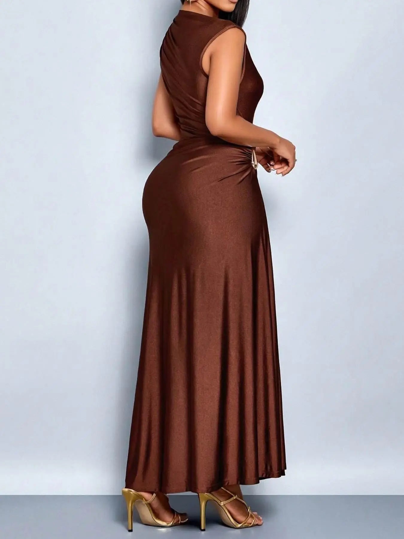 Stunning Champagne Asymmetric Button Dress - Elegant Sleeveless Long Gown for Every Occasion