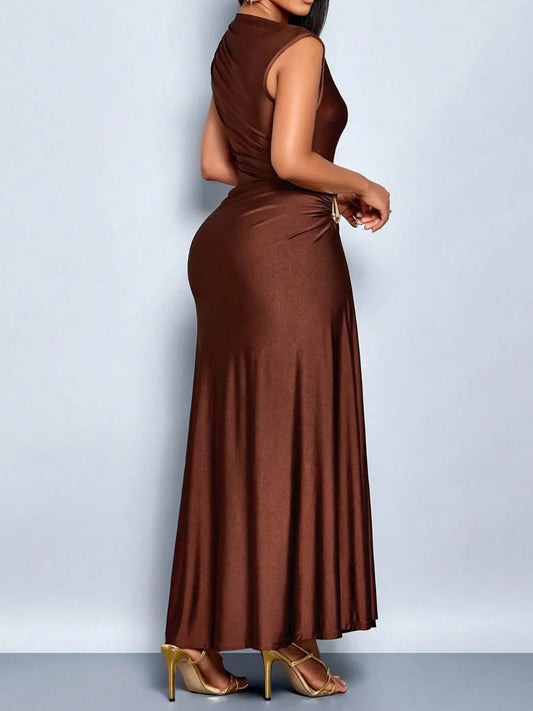 Stunning Champagne Asymmetric Button Dress - Elegant Sleeveless Long Gown for Every Occasion