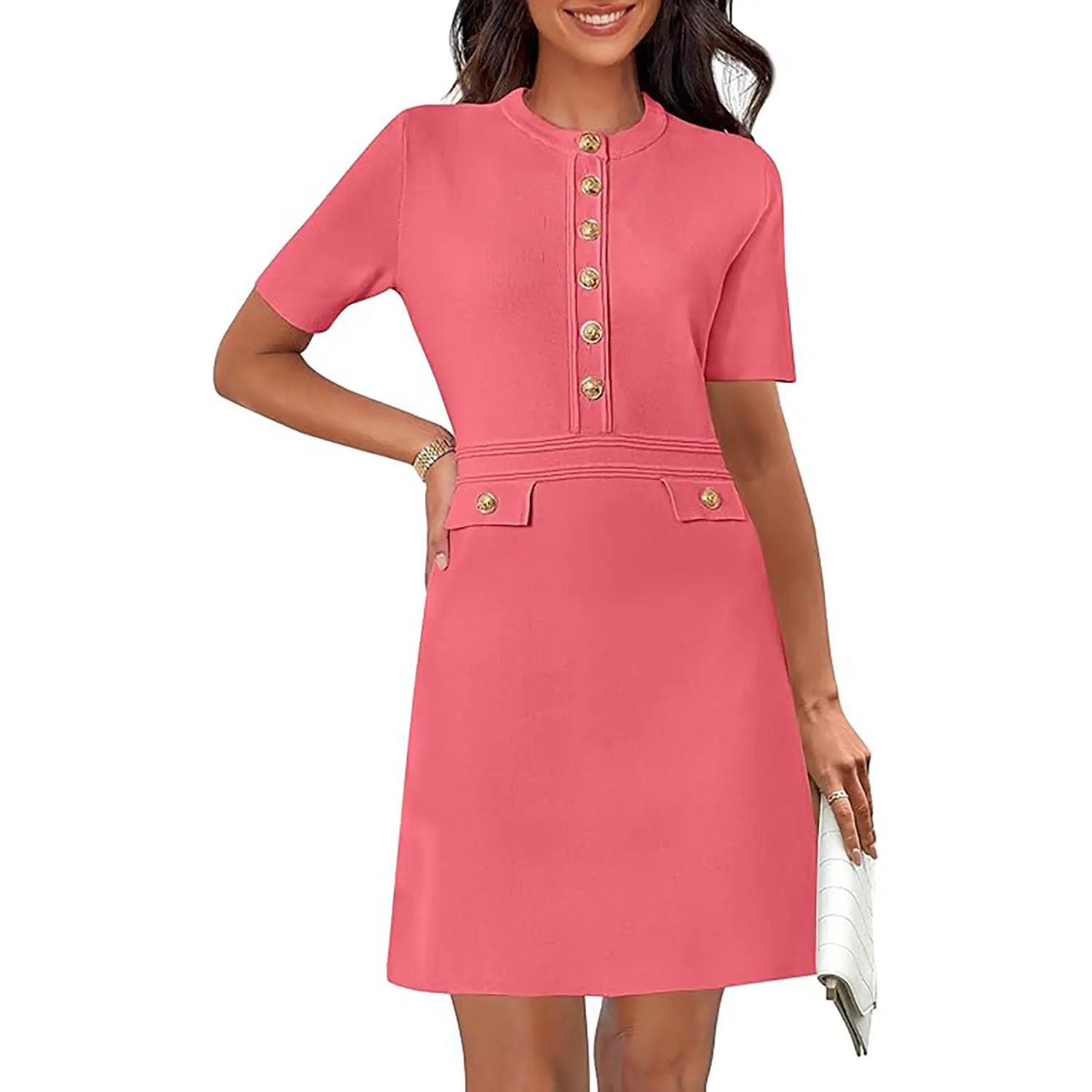 MEROKEETY Women'S Summer Bodycon Sweater Dress Business Casual Outfis Short Sleeve Knit Button Formal Elegant Work Dress