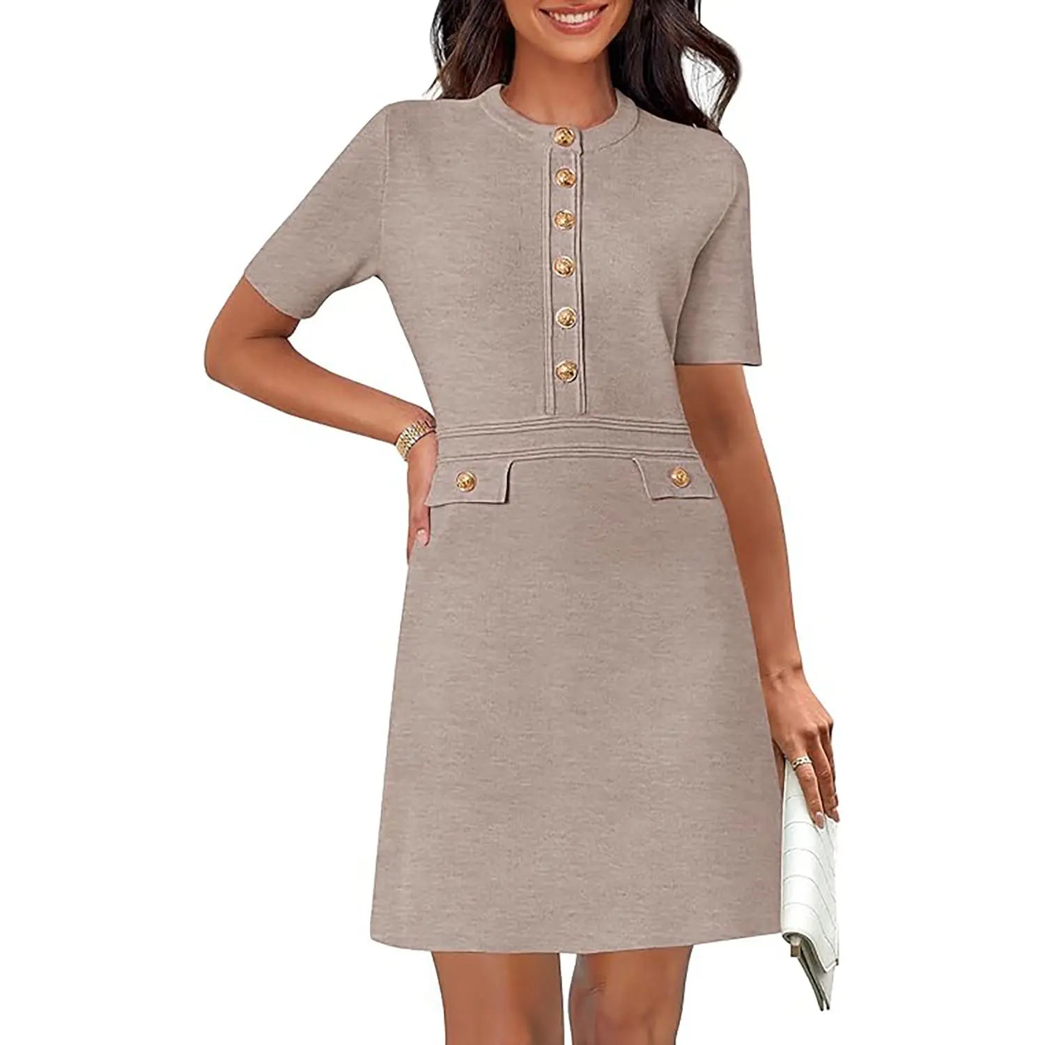 MEROKEETY Women'S Summer Bodycon Sweater Dress Business Casual Outfis Short Sleeve Knit Button Formal Elegant Work Dress
