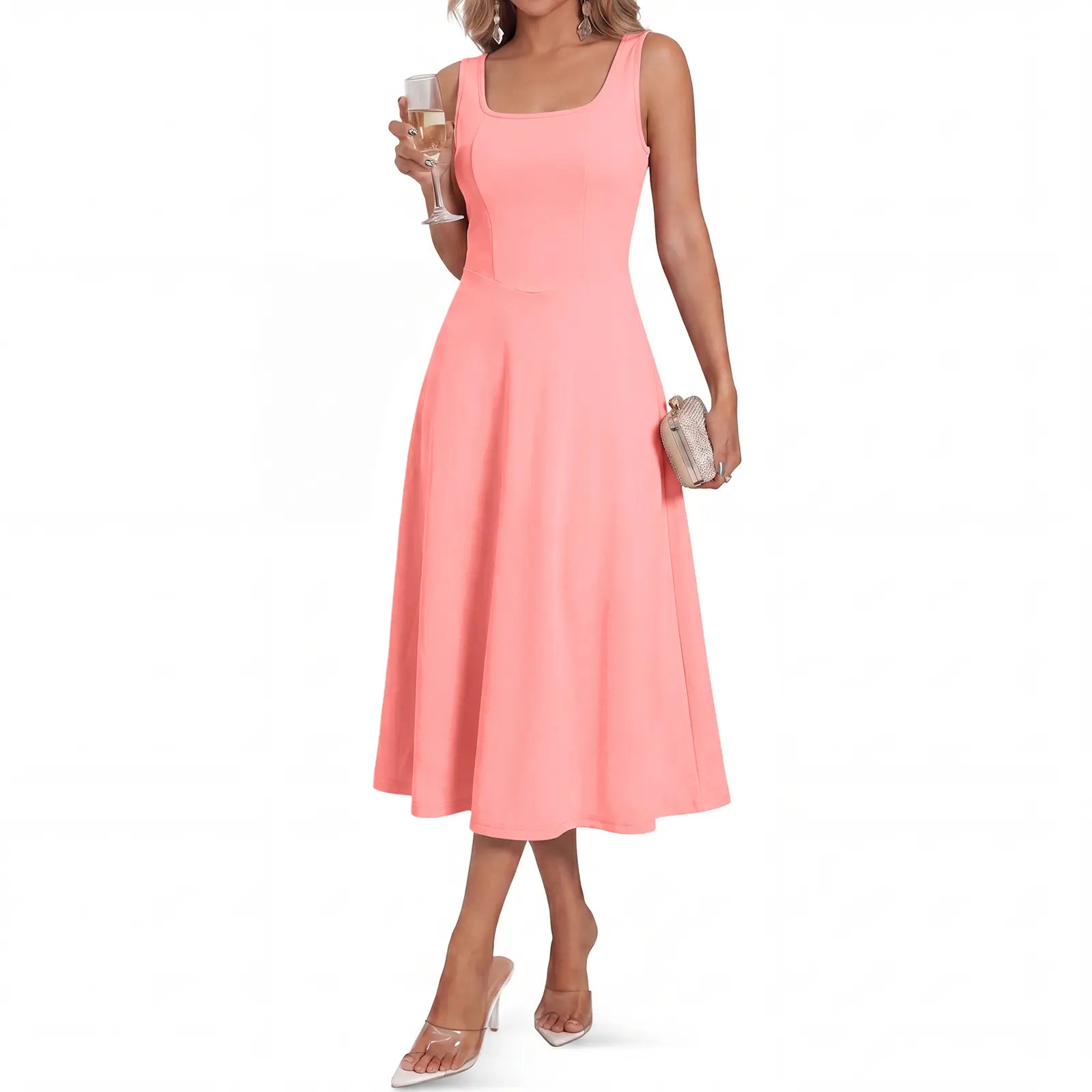Womens Sleeveless Elegant Dresses Square Neck Aline Swing Maxi Beach Wedding Guest Dress Pockets