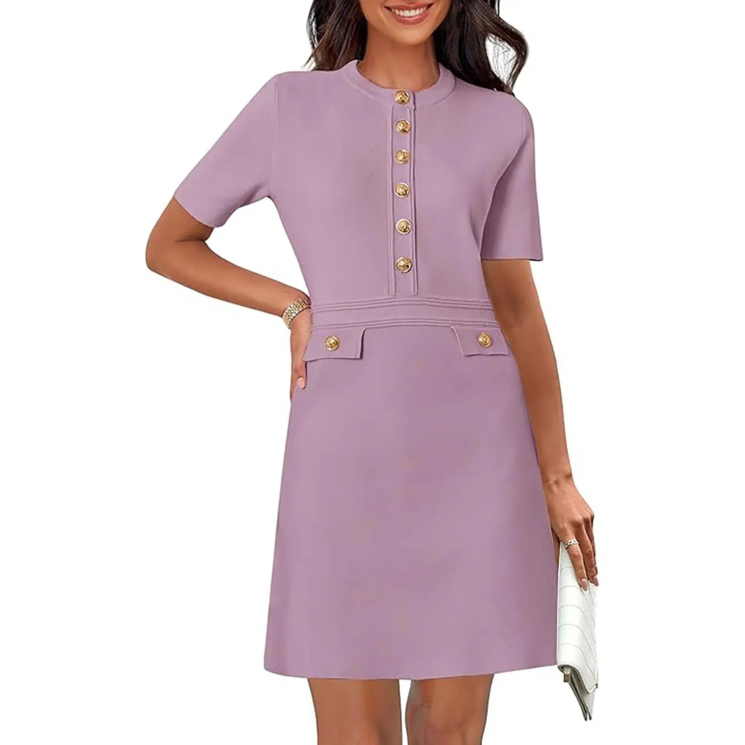 MEROKEETY Women'S Summer Bodycon Sweater Dress Business Casual Outfis Short Sleeve Knit Button Formal Elegant Work Dress