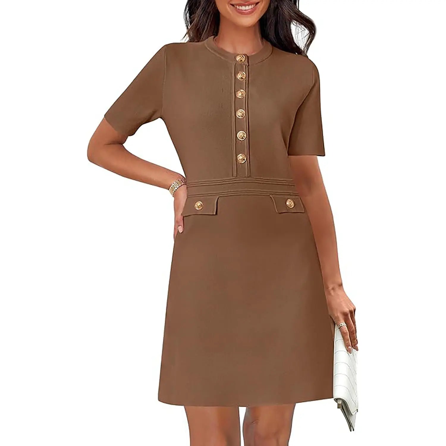 MEROKEETY Women'S Summer Bodycon Sweater Dress Business Casual Outfis Short Sleeve Knit Button Formal Elegant Work Dress