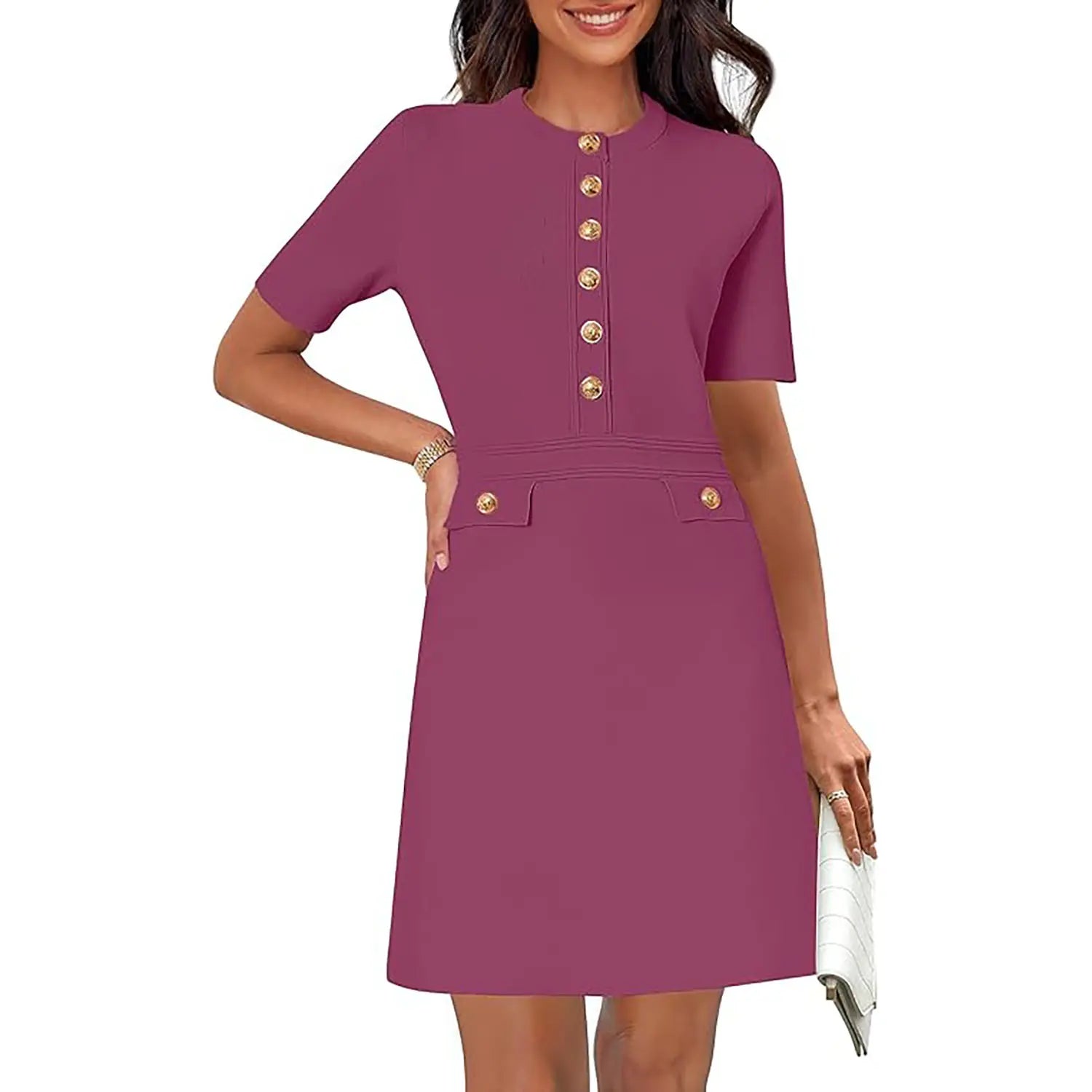 MEROKEETY Women'S Summer Bodycon Sweater Dress Business Casual Outfis Short Sleeve Knit Button Formal Elegant Work Dress