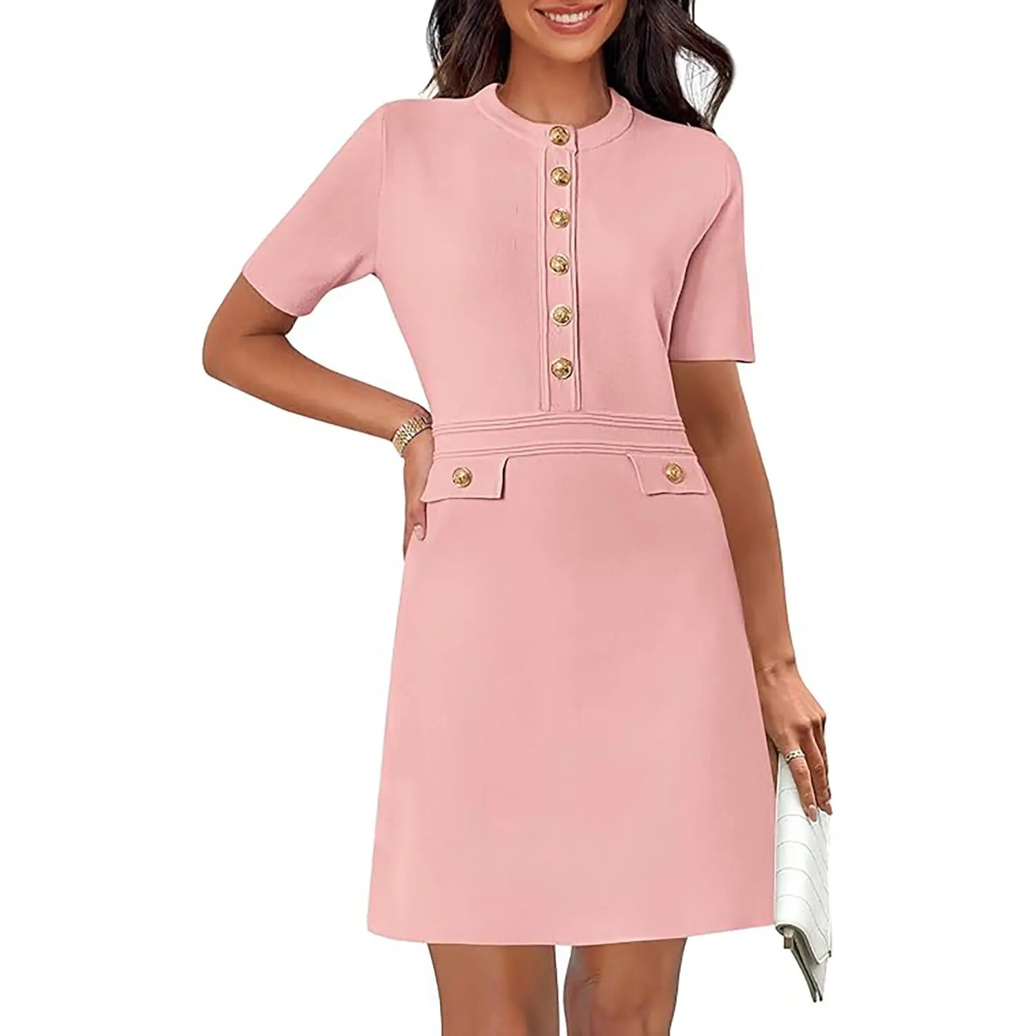 MEROKEETY Women'S Summer Bodycon Sweater Dress Business Casual Outfis Short Sleeve Knit Button Formal Elegant Work Dress