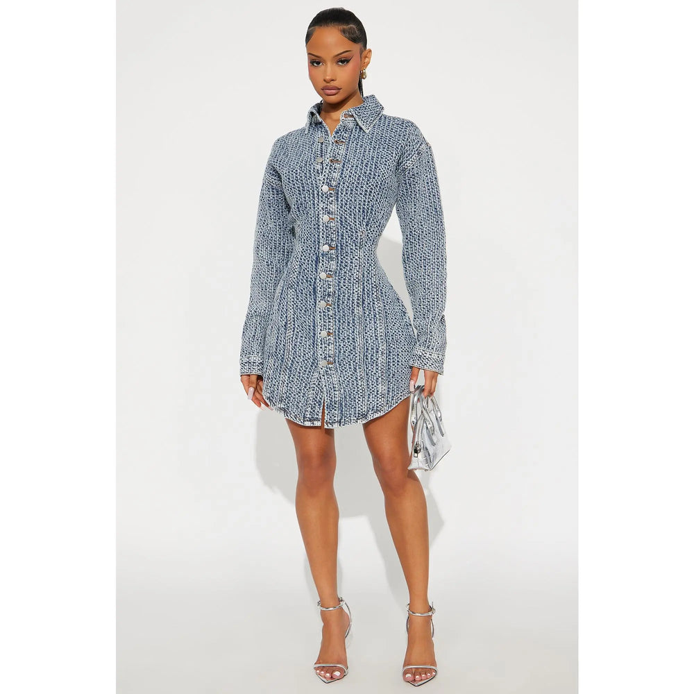 Alessandra Textured Denim Mini Dress - Medium Wash