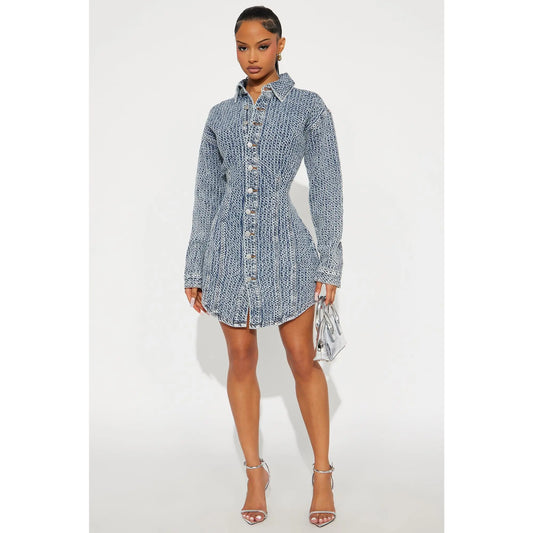 Alessandra Textured Denim Mini Dress - Medium Wash
