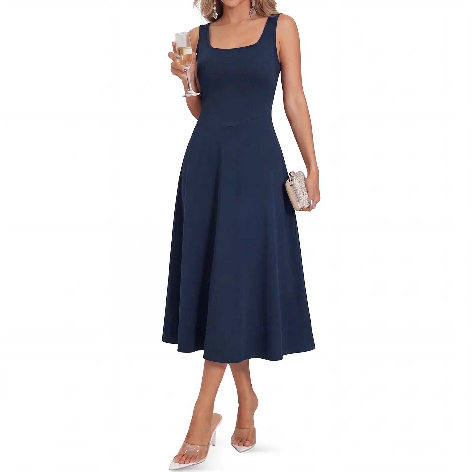 Womens Sleeveless Elegant Dresses Square Neck Aline Swing Maxi Beach Wedding Guest Dress Pockets