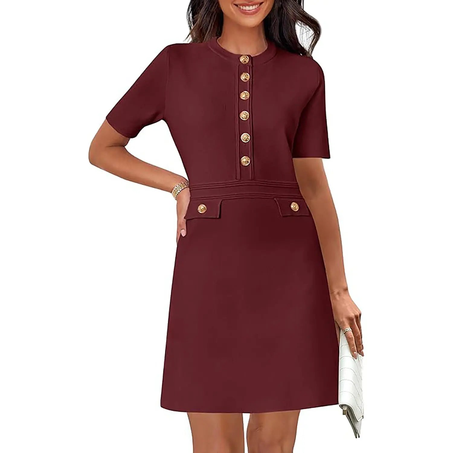MEROKEETY Women'S Summer Bodycon Sweater Dress Business Casual Outfis Short Sleeve Knit Button Formal Elegant Work Dress